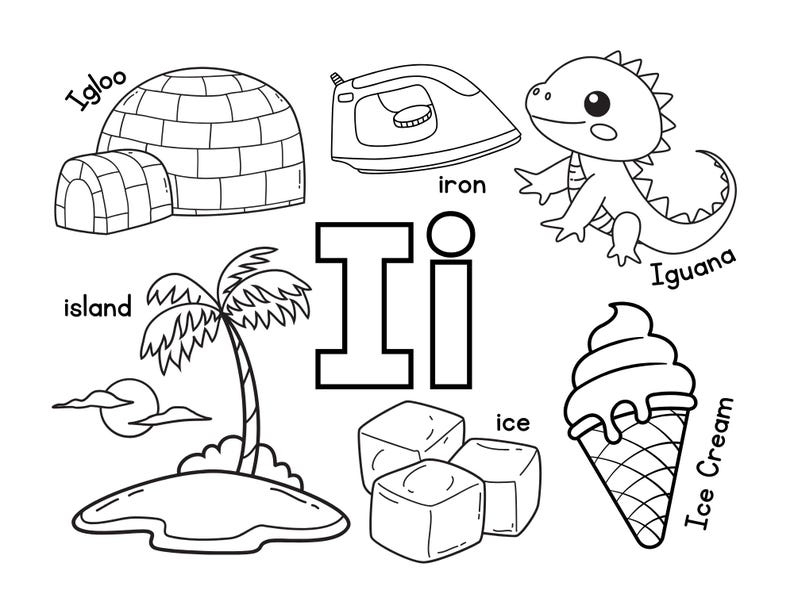 K&ouml;nnte beinhalten: Schwarz-wei&szlig;-Illustration des Buchstabens I mit verschiedenen Objekten, die mit dem Buchstaben I beginnen. Die Objekte umfassen ein Iglu, ein B&uuml;geleisen, eine Insel, einen Leguan, Eiscreme und Eisw&uuml;rfel.