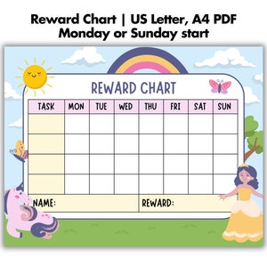 Kids Chore Chart, Princess Reward Allowance, Screen Time, Toddler Printable Unicorn Sticker Chart, Potty Training, Sleep Training