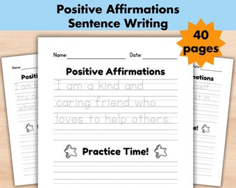 Positive Affirmation Sentence Writing Practice, Printable Write the Sentence Worksheets, 1st-3rd Grade ELA Worksheets, Homeschool Activity