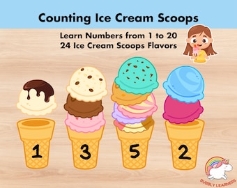 Count the Ice Cream Scoops, Printable Preschool Math Counting 1-20 Worksheets, Kindergarten Activity, Busybook, Toddler Montessori Pages