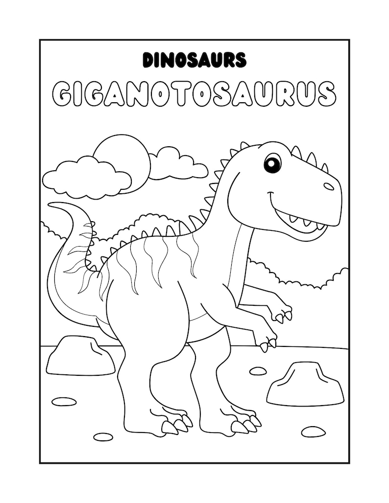 May include: A black and white coloring page featuring a cartoon Giganotosaurus dinosaur. The dinosaur is standing on a rocky landscape with clouds in the background. The title "DINOSAURS GIGANOTOSAURUS" is at the top of the page.