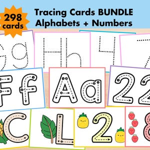 May include: A set of 298 tracing cards for kids to practice writing letters and numbers. The cards feature dotted lines for tracing and include uppercase and lowercase letters, as well as numbers 1 through 10. The cards are colorful and feature cute illustrations.