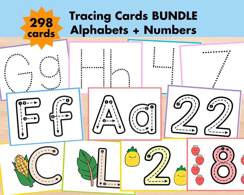 May include: A set of 298 tracing cards for kids to practice writing letters and numbers. The cards feature dotted lines for tracing and include uppercase and lowercase letters, as well as numbers 1 through 10. The cards are colorful and feature cute illustrations.