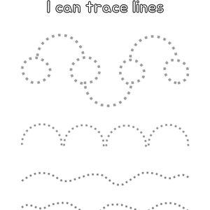 Peut inclure: Une feuille de travail imprimable en noir et blanc avec le texte "I can trace lines" en haut. La feuille de travail pr&eacute;sente des lignes pointill&eacute;es en forme de nuage, de vagues et d'arches que les enfants peuvent tracer.
