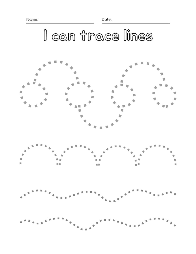 Peut inclure: Une feuille de travail imprimable en noir et blanc avec le texte "I can trace lines" en haut. La feuille de travail pr&eacute;sente des lignes pointill&eacute;es en forme de nuage, de vagues et d'arches que les enfants peuvent tracer.