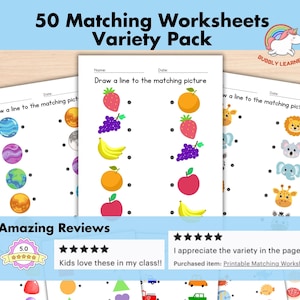 50 Printable Matching Worksheets, Match the Picture, Kindergarten Preschool Activity, Busybook, Educational Pages, Teaching resources