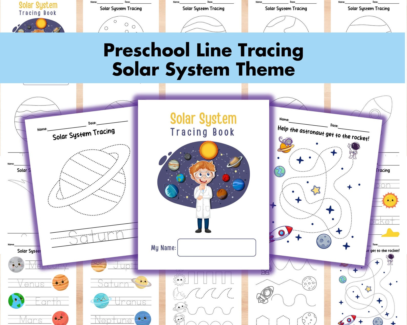 Solar System Tracing Bundle, Name Line Trace Page Printable