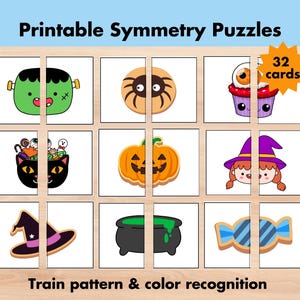 Juego de memoria de Halloween, Completa las imágenes, Tarjetas Montessori, Juego imprimible de Halloween, Rompecabezas de simetría, Tarjeta de emparejar imágenes