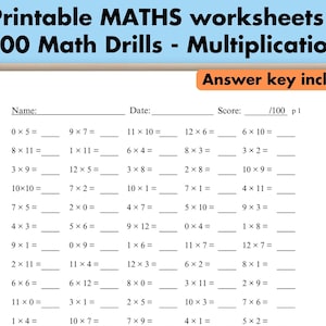 20 Printable Multiplication Worksheets, Maths Drills, Fill in the Blanks - Single Digit Multiplication, Numbers 1 – 12, Answers Included