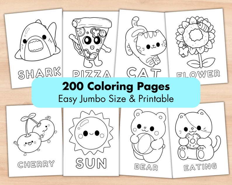 May include: Black and white colouring pages featuring various cartoon characters and objects, including a shark, pizza, cat, flower, cherry, sun, bear, and a person eating a donut. The text "200 Colouring Pages Easy Jumbo Size & Printable" is at the top of the image.
