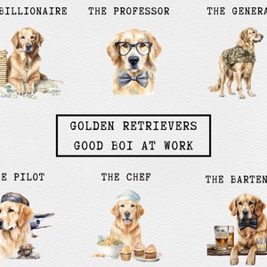 Clipart Golden Retriever, clipart Good Boi at Work, pacchetto PNG acquerello 14, medico, pompiere, pilota, chef, agente di polizia