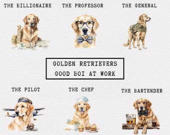Peut inclure: Une illustration numérique de six golden retrievers dans différentes professions. Les chiens portent des costumes et des accessoires qui représentent leurs métiers, comme un casque de pilote, un chapeau de chef et un nœud papillon de barman. Le texte "GOLDEN RETRIEVERS GOOD BOI AT WORK" est affiché dans un rectangle noir.