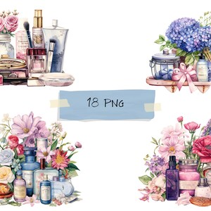 Peut inclure: Une illustration aquarelle de trois arrangements diff&eacute;rents de flacons de parfum, de pots et de fleurs. Le premier arrangement pr&eacute;sente un bouquet de roses roses, une vari&eacute;t&eacute; de flacons de parfum et un compact. Le deuxi&egrave;me arrangement pr&eacute;sente un bouquet d'hortensias bleus, un pot de sels de bain et un flacon de parfum. Le troisi&egrave;me arrangement pr&eacute;sente un bouquet de fleurs roses et blanches, une vari&eacute;t&eacute; de flacons de parfum et un pot de sels de bain.