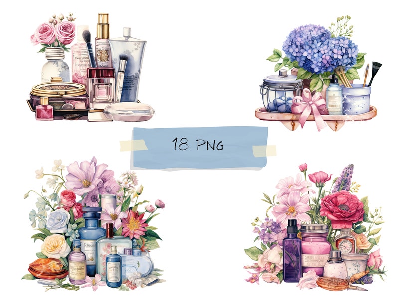 Peut inclure: Une illustration aquarelle de trois arrangements diff&eacute;rents de flacons de parfum, de pots et de fleurs. Le premier arrangement pr&eacute;sente un bouquet de roses roses, une vari&eacute;t&eacute; de flacons de parfum et un compact. Le deuxi&egrave;me arrangement pr&eacute;sente un bouquet d'hortensias bleus, un pot de sels de bain et un flacon de parfum. Le troisi&egrave;me arrangement pr&eacute;sente un bouquet de fleurs roses et blanches, une vari&eacute;t&eacute; de flacons de parfum et un pot de sels de bain.