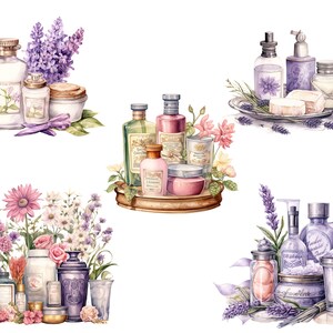 Peut inclure: Quatre illustrations &agrave; l'aquarelle de produits de bain et de corps sur le th&egrave;me de la lavande. Chaque illustration pr&eacute;sente une vari&eacute;t&eacute; de flacons, de pots et de savons dispos&eacute;s sur un plateau ou une table avec des fleurs de lavande et de la verdure.