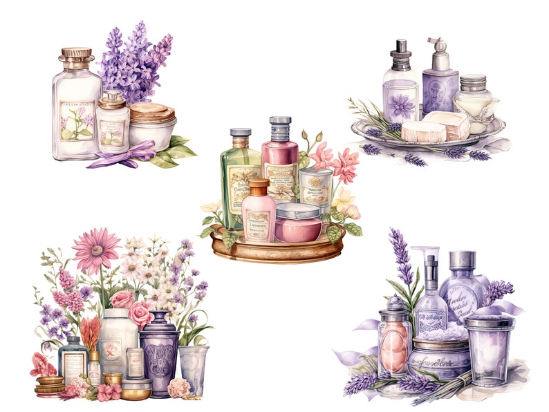 Peut inclure: Quatre illustrations &agrave; l'aquarelle de produits de bain et de corps sur le th&egrave;me de la lavande. Chaque illustration pr&eacute;sente une vari&eacute;t&eacute; de flacons, de pots et de savons dispos&eacute;s sur un plateau ou une table avec des fleurs de lavande et de la verdure.