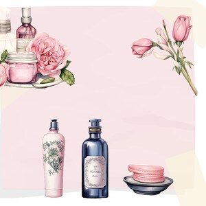 Peut inclure: Un fond rose avec une vari&eacute;t&eacute; de produits de beaut&eacute;, y compris des flacons de parfum, un pot de cr&egrave;me et un savon. Il y a aussi des roses roses et un bouquet de fleurs roses.