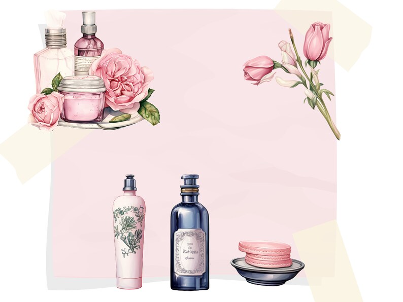 Peut inclure: Un fond rose avec une vari&eacute;t&eacute; de produits de beaut&eacute;, y compris des flacons de parfum, un pot de cr&egrave;me et un savon. Il y a aussi des roses roses et un bouquet de fleurs roses.