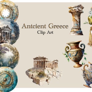 Bundle de cliparts grec ancien aquarelle, 10 PNG de haute qualité, impression, artistique, or avec des reflets bleus, fond transparent