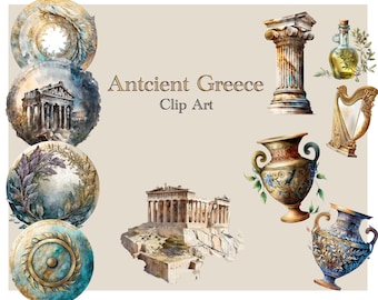 Bundle de cliparts grec ancien aquarelle, 10 PNG de haute qualité, impression, artistique, or avec des reflets bleus, fond transparent