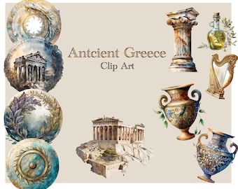 Peut inclure: Une collection d'illustrations à l'aquarelle représentant l'architecture, la poterie et les instruments de musique de la Grèce antique. Les illustrations comprennent un temple, une colonne, une lyre et deux vases aux motifs complexes. Le titre "Ancient Greece Clip Art" est écrit dans une police décorative.