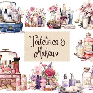 Articles de toilette et clipart de maquillage, soins personnels aquarelle, cosmétiques, boîte de maquillage, png, téléchargement immédiat