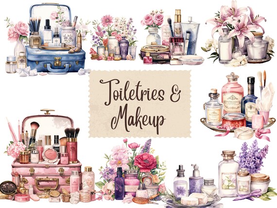 Toiletries and makeup clipart, watercolor self care, cosmetics, makeup box, png, instant download