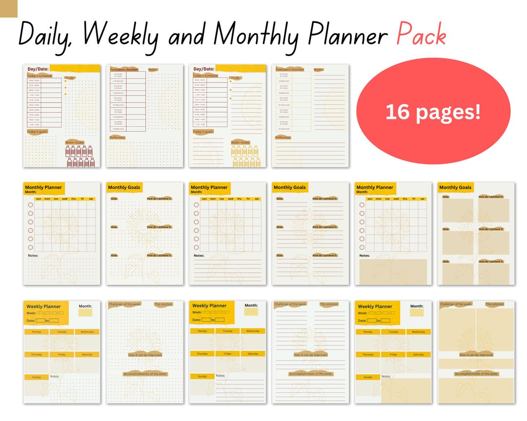 ADHD Digital Planner Yellow, Undated Printable Organizer, Daily Weekly ...