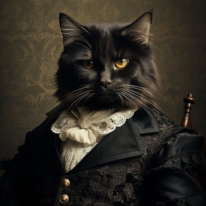 Vintage Cat Wall Art Print, Gothic Gentleman Black Cat Painting, historical, Animal Lover, Victorian Cat Art Decor, Cat Art Poster Halloween