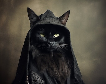 Vintage Katze Wand-Kunstdruck, Gothic Gentleman schwarze Katze Malerei, historisch, Tierliebhaber, viktorianische Katze Kunst Dekor, Katzen Kunst Poster Halloween