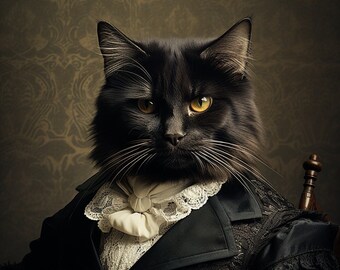 Vintage Katze Wand-Kunstdruck, Gothic Gentleman schwarze Katze Malerei, historisch, Tierliebhaber, viktorianische Katze Kunst Dekor, Katzen Kunst Poster Halloween