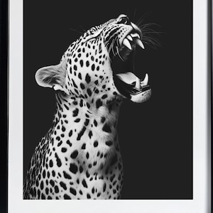 チーターの白黒ポスター、高級ファッションプリント、ヒョウ柄、ウォールアート、ビンテージ写真、ハイプビーストルームデコレーション、デジタルダウンロード