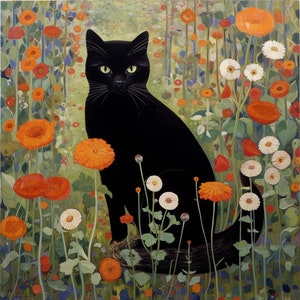 Gustav Klimt Garden Cat Print, Klimt Flowers Cat Poster, Black Cat Wall Art Poster Floral Print Digital Download Cat Lover Whimsy Animal Art