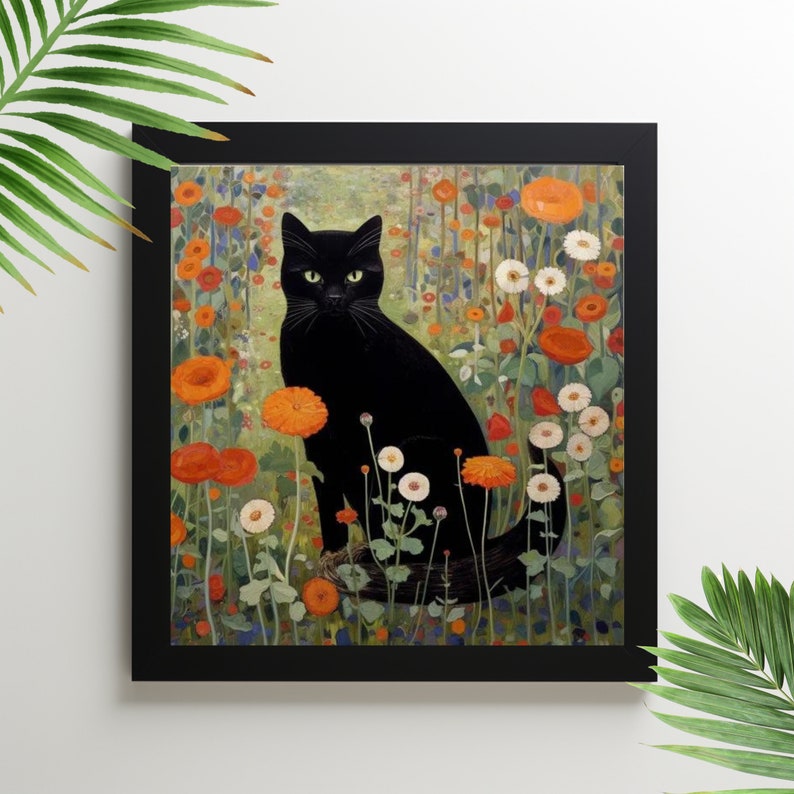 Gustav Klimt Garden Cat Print, Klimt Flowers Cat Poster, Black Cat Wall ...