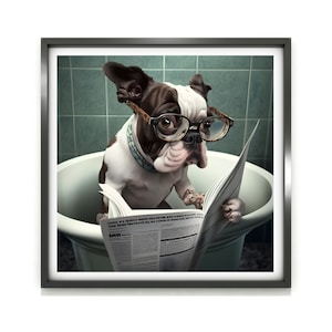 Poster da parete con cane, stampa di un cane divertente seduto sul water in bagno, poster da bagno con cane, stampa di un cucciolo, arte con animali stravaganti, arte per bambini