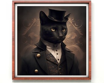 Vintage Katze Wand-Kunstdruck, Gothic Gentleman schwarze Katze Malerei, historisch, Tierliebhaber, viktorianische Katze Kunst Dekor, Katzen Kunst Poster Halloween