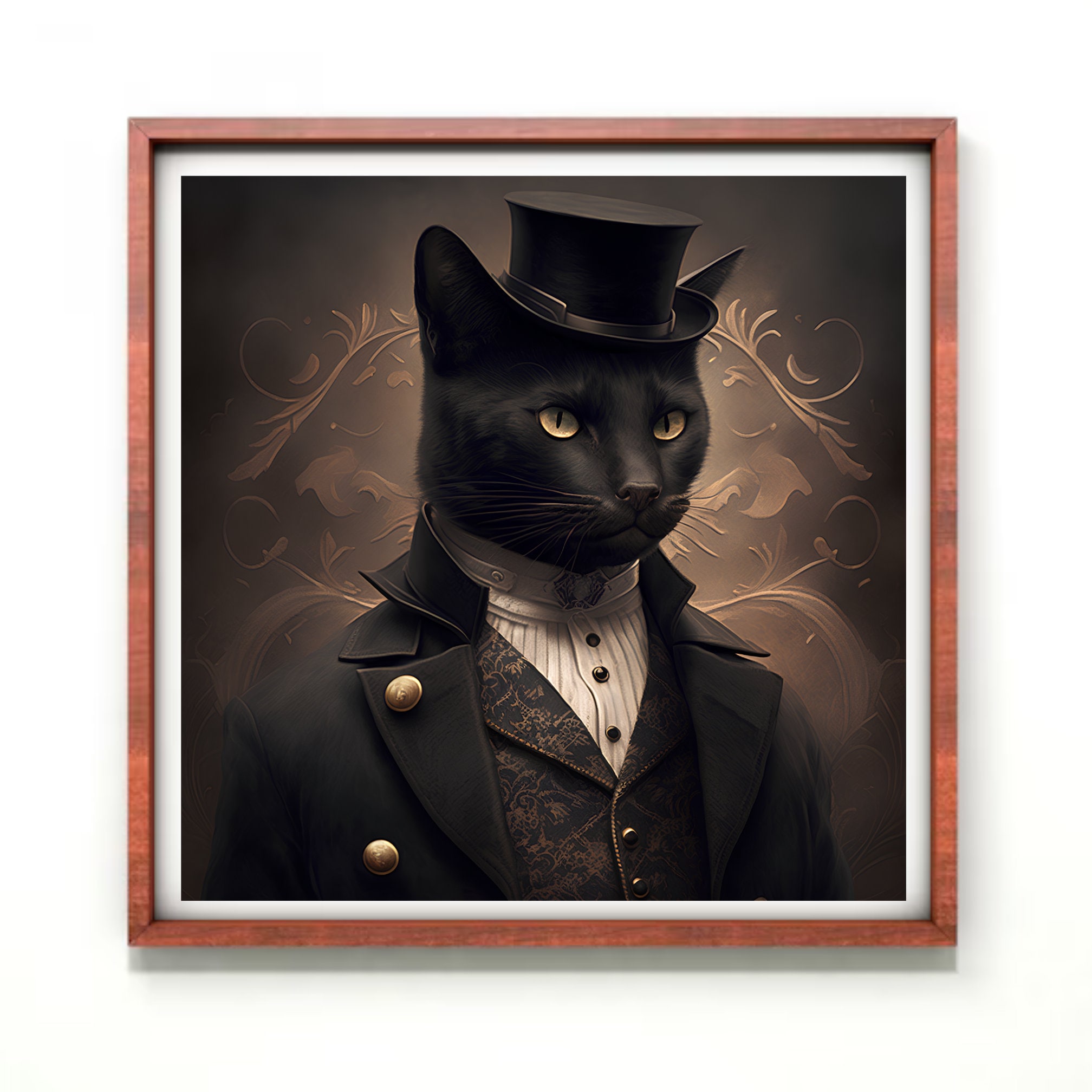 Vintage Cat Wall Art Print, Gothic Gentleman Black Cat Painting
