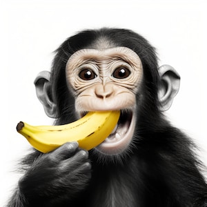 May include: A close-up image of a chimpanzee eating a yellow banana. The chimpanzee has dark fur, a light-colored face, and large brown eyes. The banana is held in its hand and partially in its mouth, with a white background.