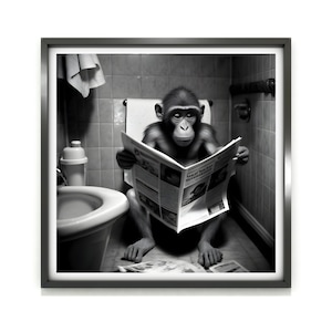 Monkey Wall Art Poster, Funny Monkey Sitting on a Toilet in Bathroom Print, Bathroom Poster Art, Monkey Printable, Whimsy Animal Art, Kids