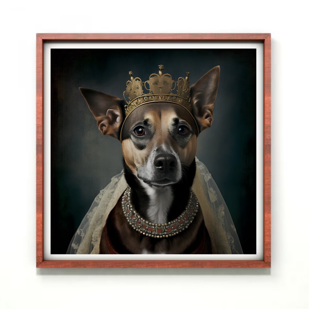 Vintage Dog Wall Art, Historical Dog Painting, 1800s Dog Wearing Crown