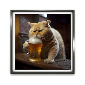 Cat Wall Art Poster, Funny Drunk Cat, Cat Drinking Beer, Grumpy Cat in a Bar, Cat Wall Art, Cat Lover, Whimsy Animal Art Download Printable
