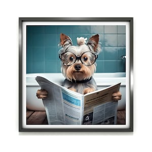 Poster da parete con cane, stampa di un cane divertente seduto sul water in bagno, poster da bagno con cane, stampa di un cucciolo, arte con animali stravaganti, arte per bambini