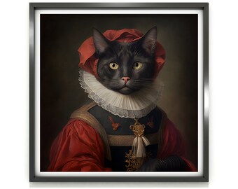 Impresión de arte de pared de gato vintage, gato victoriano renacentista, impresión de gato negro, póster de decoración gótica para el hogar, impresión de Dark Academia, Halloween gótico