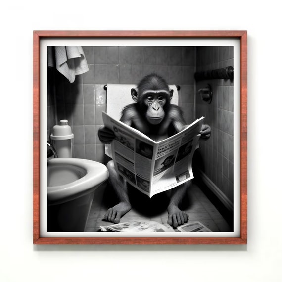 Monkey Wall Art Poster, Funny Monkey Sitting on a Toilet in - Main Image