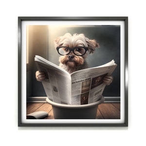 Poster da parete con cane, stampa di un cane divertente seduto sul water in bagno, poster da bagno con cane, stampa di un cucciolo, arte con animali stravaganti, arte per bambini