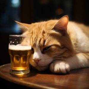 Funny Drunk Cat, Cat Wall Art Poster, Cat Drinking Beer, Grumpy Cat in a Bar, Cat Wall Art, Cat Lover, Whimsy Animal Art Download Printable