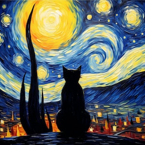 May include: A black cat sits in front of a swirling blue and yellow starry night sky painting. The painting is reminiscent of Vincent van Gogh's Starry Night.