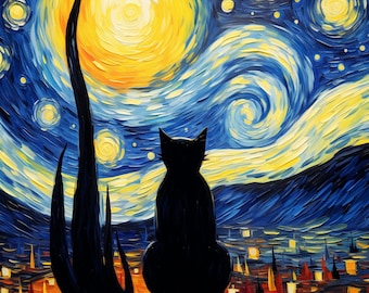 May include: A black cat sits in front of a swirling blue and yellow starry night sky painting. The painting is reminiscent of Vincent van Gogh's Starry Night.