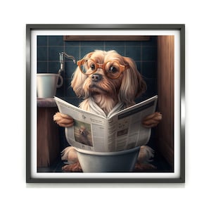 Poster da parete con cane, stampa di un cane divertente seduto sul water in bagno, poster da bagno con cane, stampa di un cucciolo, arte con animali stravaganti, arte per bambini