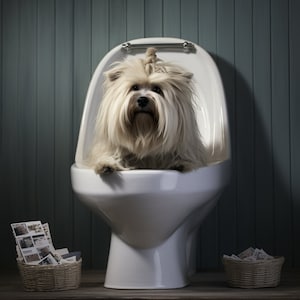 Poster da parete con cane, stampa di un cane divertente seduto sul water in bagno, poster da bagno con cane, stampa di un cucciolo, arte con animali stravaganti, arte per bambini